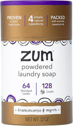 Zum Powdered Laundry Soap by Indigo Wild - Plant-Based Laundry Soap with Baking Soda, Coconut Oil & Essential Oils - 64 Loads (32 oz) - Frankincense & Myrrh