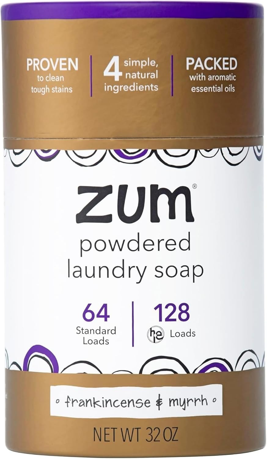 Zum Powdered Laundry Soap by Indigo Wild - Plant-Based Laundry Soap with Baking Soda, Coconut Oil & Essential Oils - 64 Loads (32 oz) - Frankincense & Myrrh