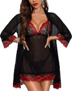 RSLOVE Women Sexy Lingerie Set 3 Piece Babydoll & Lace Kimono Robe Strap Chemise Sleepwear Mesh Nightgown
