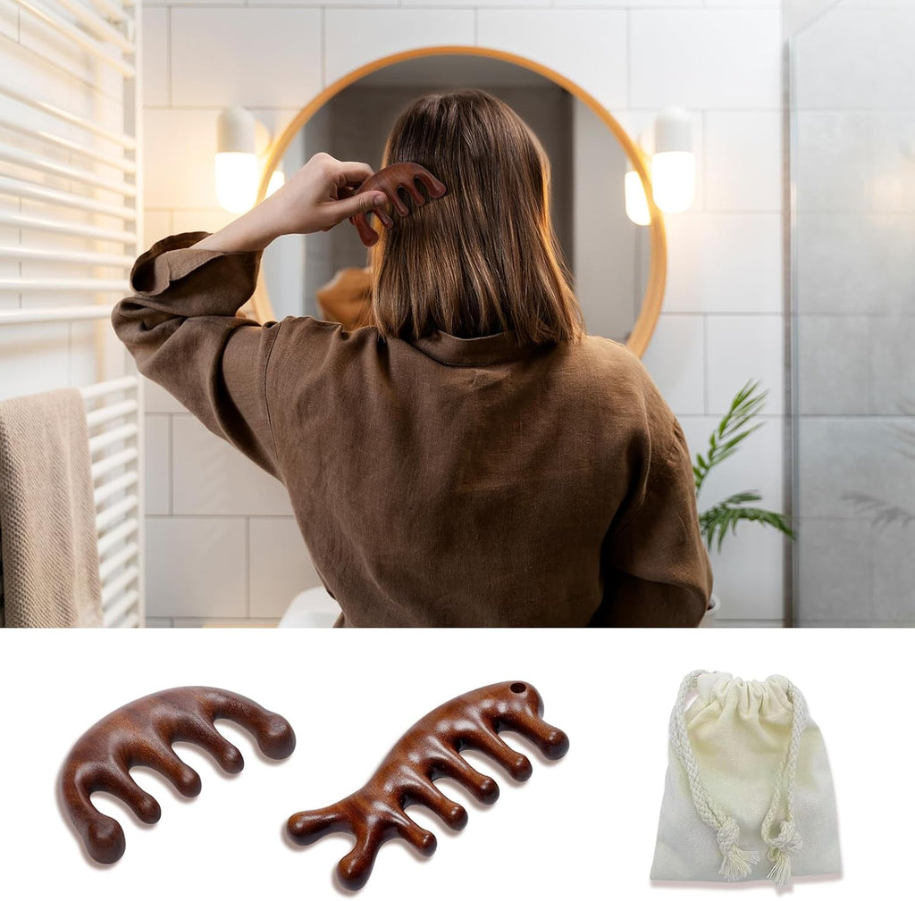 2 Pack Wooden Scalp Massage Comb, Sandalwood Scalp Massager Comb Wood, Head Wooden Brush Gua Sha for Women Men - Classic