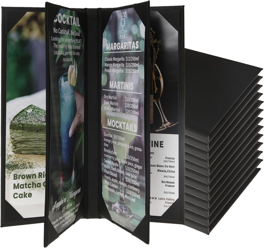 12 Pack Menu Covers 4.25" x 11", 6 View PU Leather Menu Holders for Restaurant, Bar, Coffee Shops, Wine Lists & Drink Specials