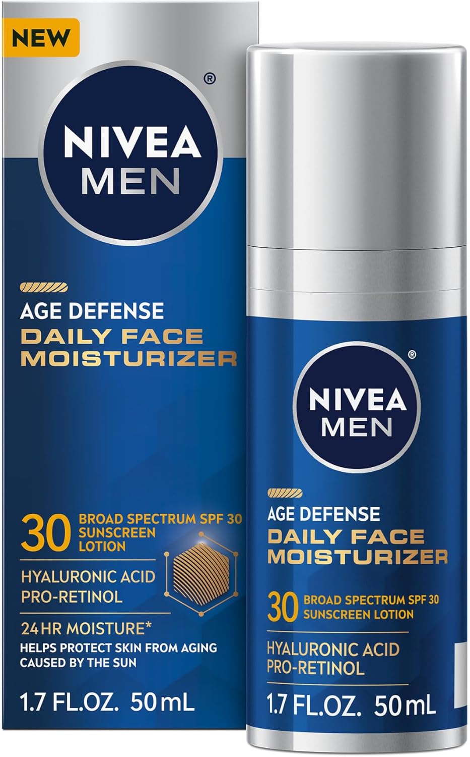 NIVEA MEN Age Defense Daily Face Moisturizer with Broad Spectrum SPF 30 Sunscreen, Pro-Retinol and Hyaluronic Acid, Beard-Friendly Face Lotion Helps Defend Against UVA/UVB Rays, 1.7 Fl Oz Bottle