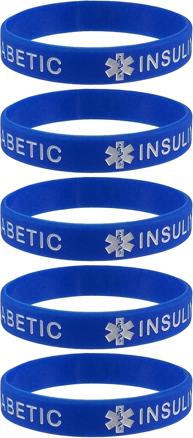 5 PACK TYPE 1 DIABETIC Medical Alert ID Silicone Bracelet Wristbands ADULT SIZE (8 Inches)
