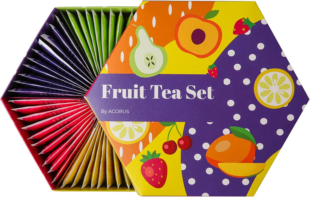 ACORUS Fruit Luxury Tea Set - Assorted Fruit and Herbal Teas Box, Tea Gift Set for Women and Tea Lovers, Large Variety Pack, 6 Flavor Sampler, 60 Bags