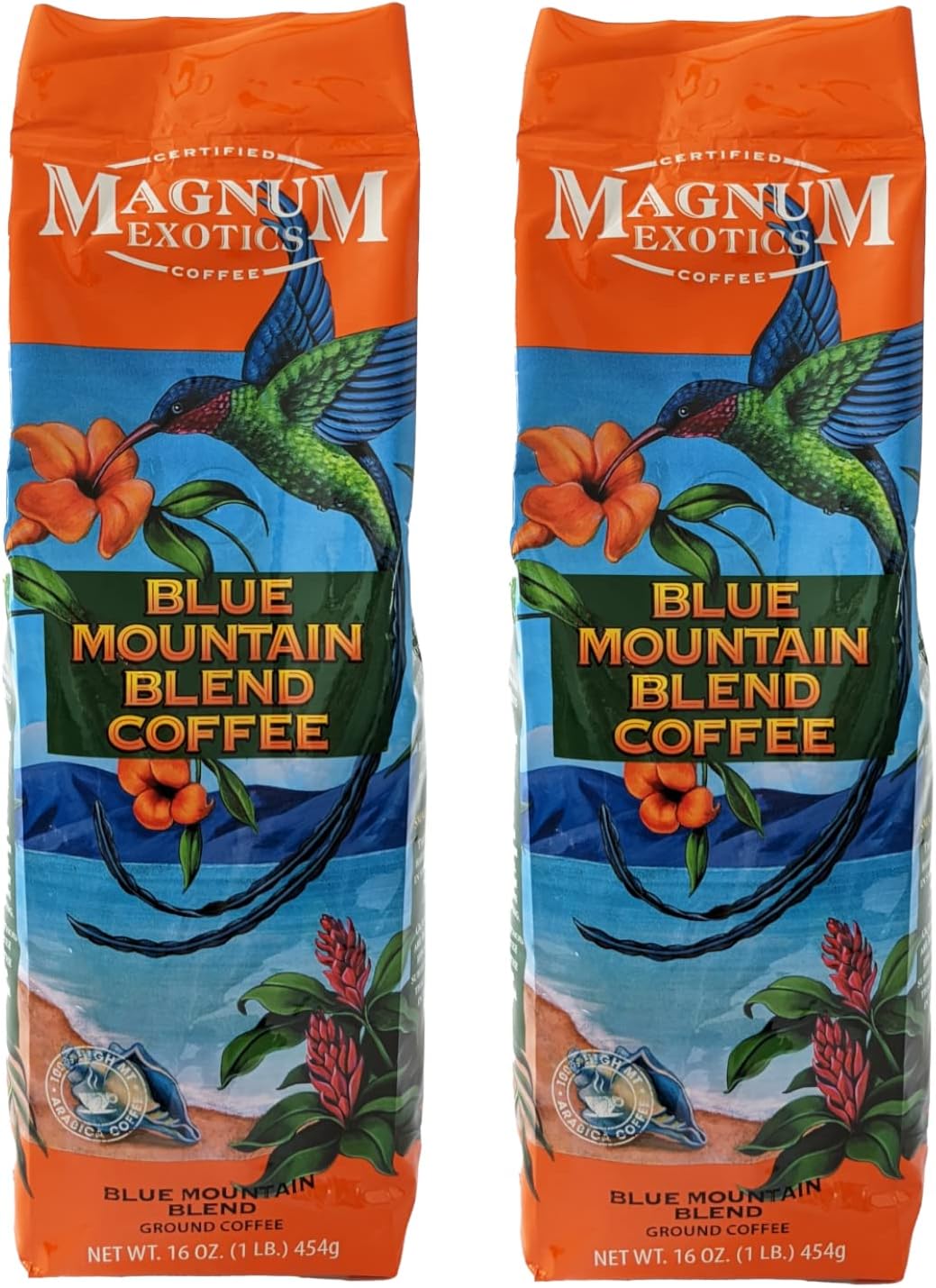 Magnum Exotics Coffee, Blue Mountain Ground Coffee Blend - Light-Medium Roast, Made from 100% Arabica Beans, Rich & Smooth Flavor, Fresh Roast - 1 Lb Bag (Pack of 2)