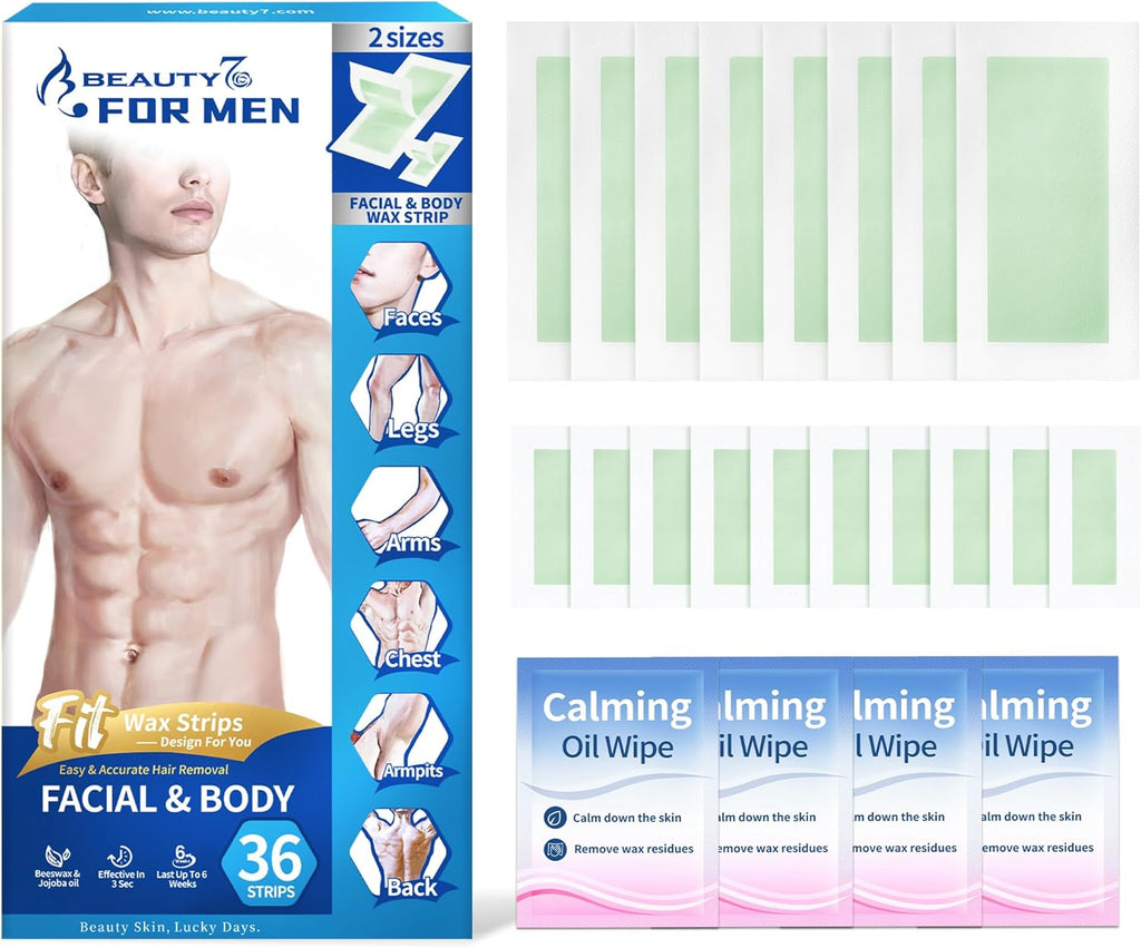 Beauty7 Men Wax Strips for Body, Ready to Use Waxing Strips, Facial Hair Removal Wax, Legs Arms Chest At Home Waxing Kit, 36 Waxing Strip 4 Calming Oil Wipes