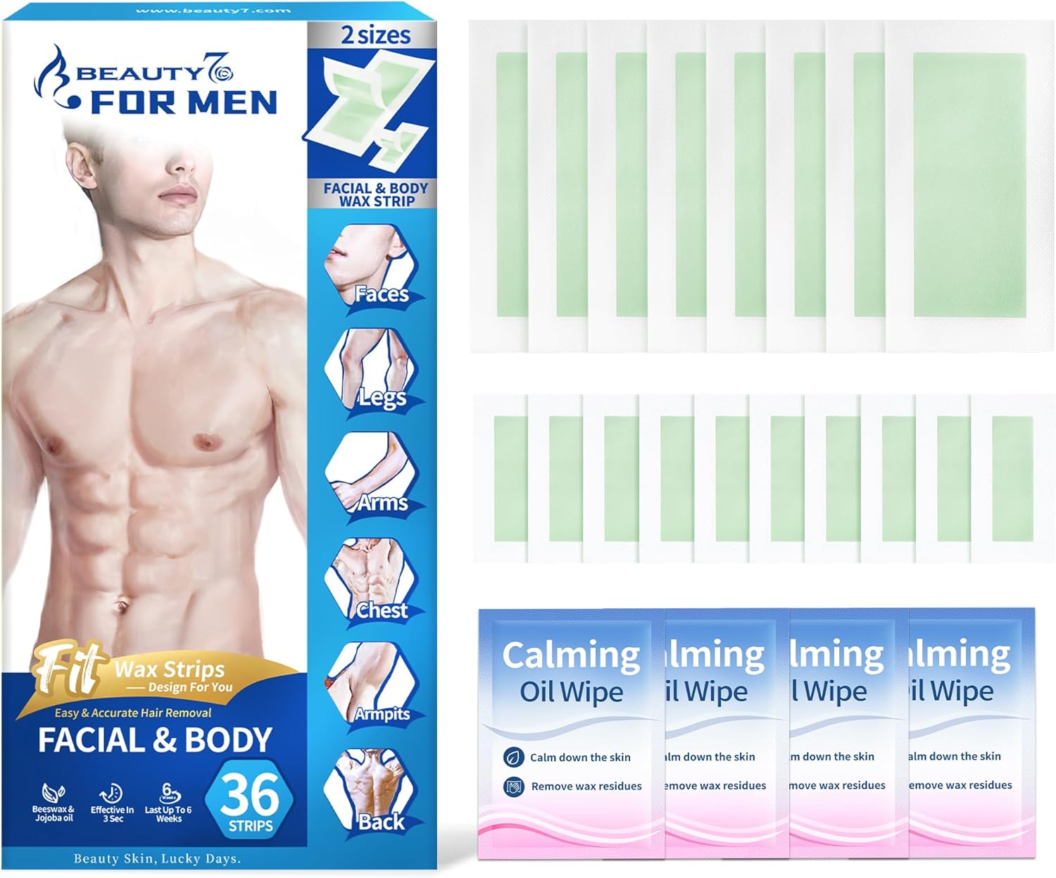 Beauty7 Men Wax Strips for Body, Ready to Use Waxing Strips, Facial Hair Removal Wax, Legs Arms Chest At Home Waxing Kit, 36 Waxing Strip 4 Calming Oil Wipes