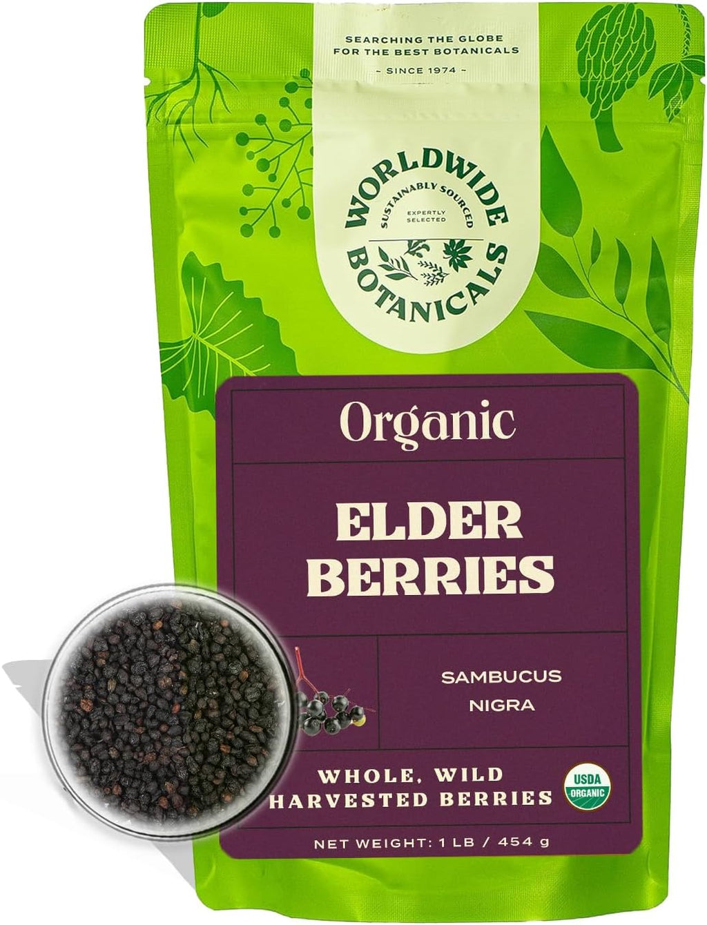 Worldwide Botanicals Organic Dried Elderberries, 1 lb - 100% Sambucus nigra – Superfruit Whole Berries Wild Harvested in Eastern Europe. For making Syrups, Teas, Jams, Gummies, 16 ounces