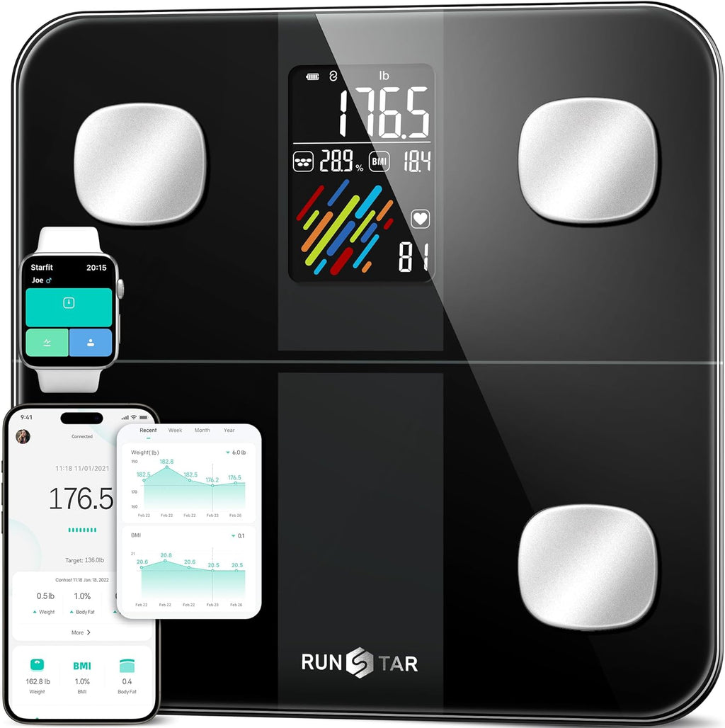 RunStar Smart Scale for Body Weight and Fat Percentage, High Accuracy Digital Bathroom Scale with Large Display for BMI Heart Rate 22 Body Composition Analyzer Sync with Fitness App 400lb