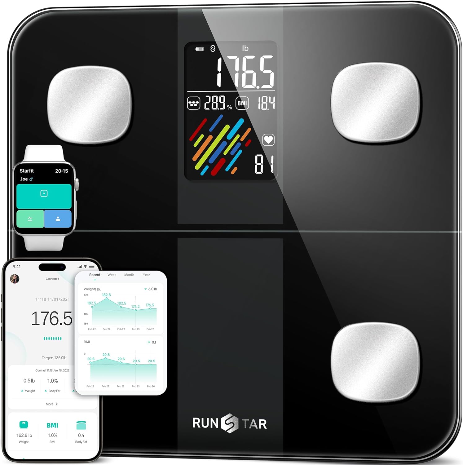 RunStar Smart Scale for Body Weight and Fat Percentage, High Accuracy Digital Bathroom Scale with Large Display for BMI Heart Rate 22 Body Composition Analyzer Sync with Fitness App 400lb