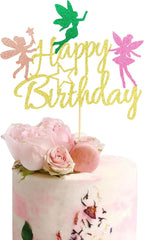 Fairy Cake Topper, Girl Birthday Party Decoration Topper, Fairy Happy Birthday Decoration - Gold Glitter