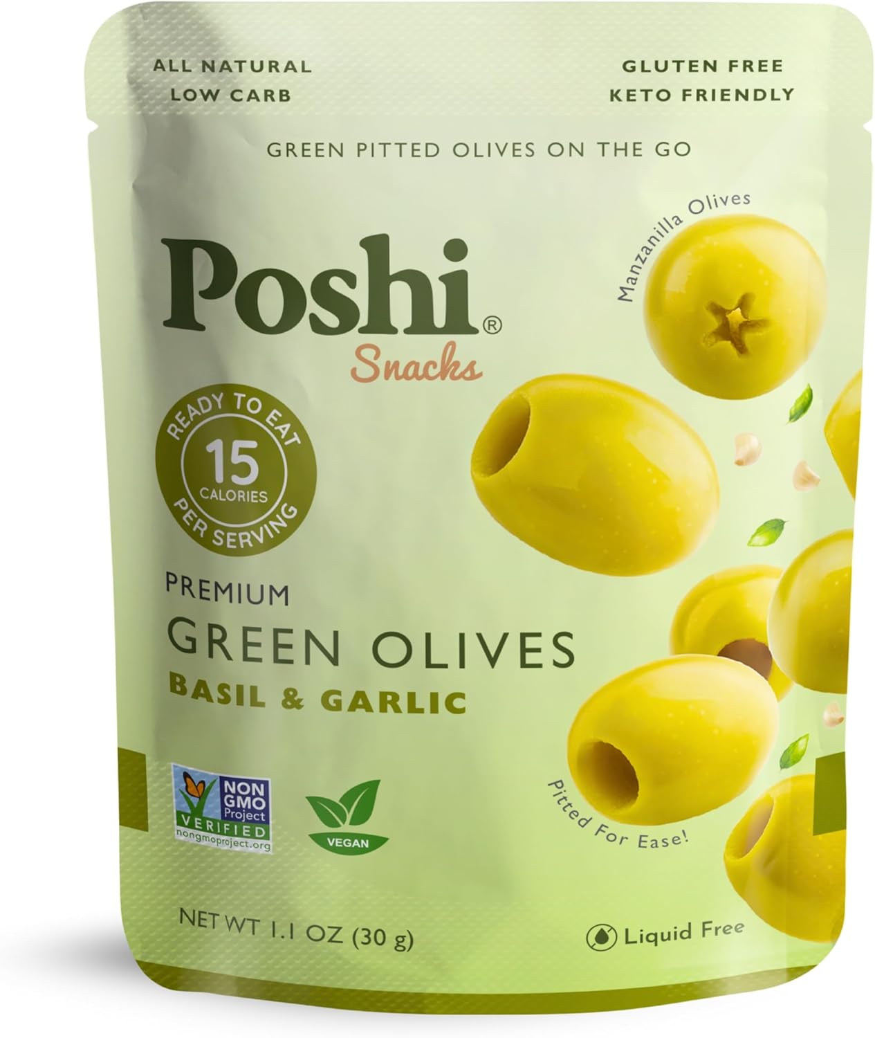 POSHI Green Pitted Olives - Basil & Garlic | Vegan, Kosher, Gluten Free + Keto Friendly, Fresh, Low Calorie Healthy Snacks | (30 Pack, 1.1oz Bags)