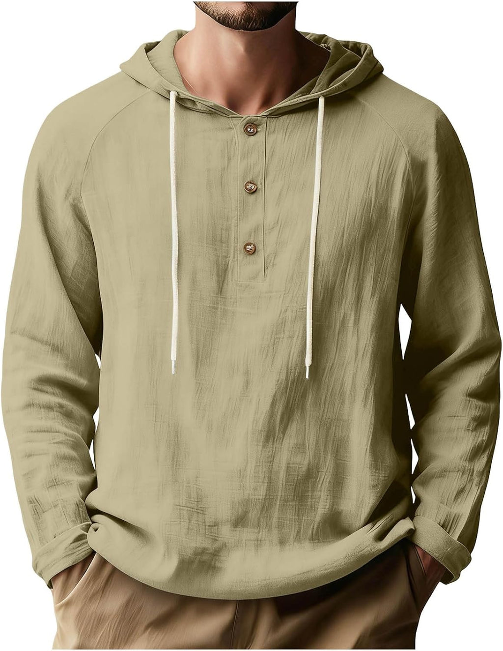 Mens Linen Shirts Long Sleeve Henley Casual Lightweight Cotton Hoodie Top Summer Fashion Loose Beach Vacation Clothes