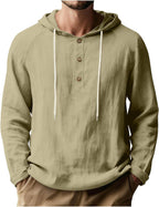 Mens Linen Shirts Long Sleeve Henley Casual Lightweight Cotton Hoodie Top Summer Fashion Loose Beach Vacation Clothes