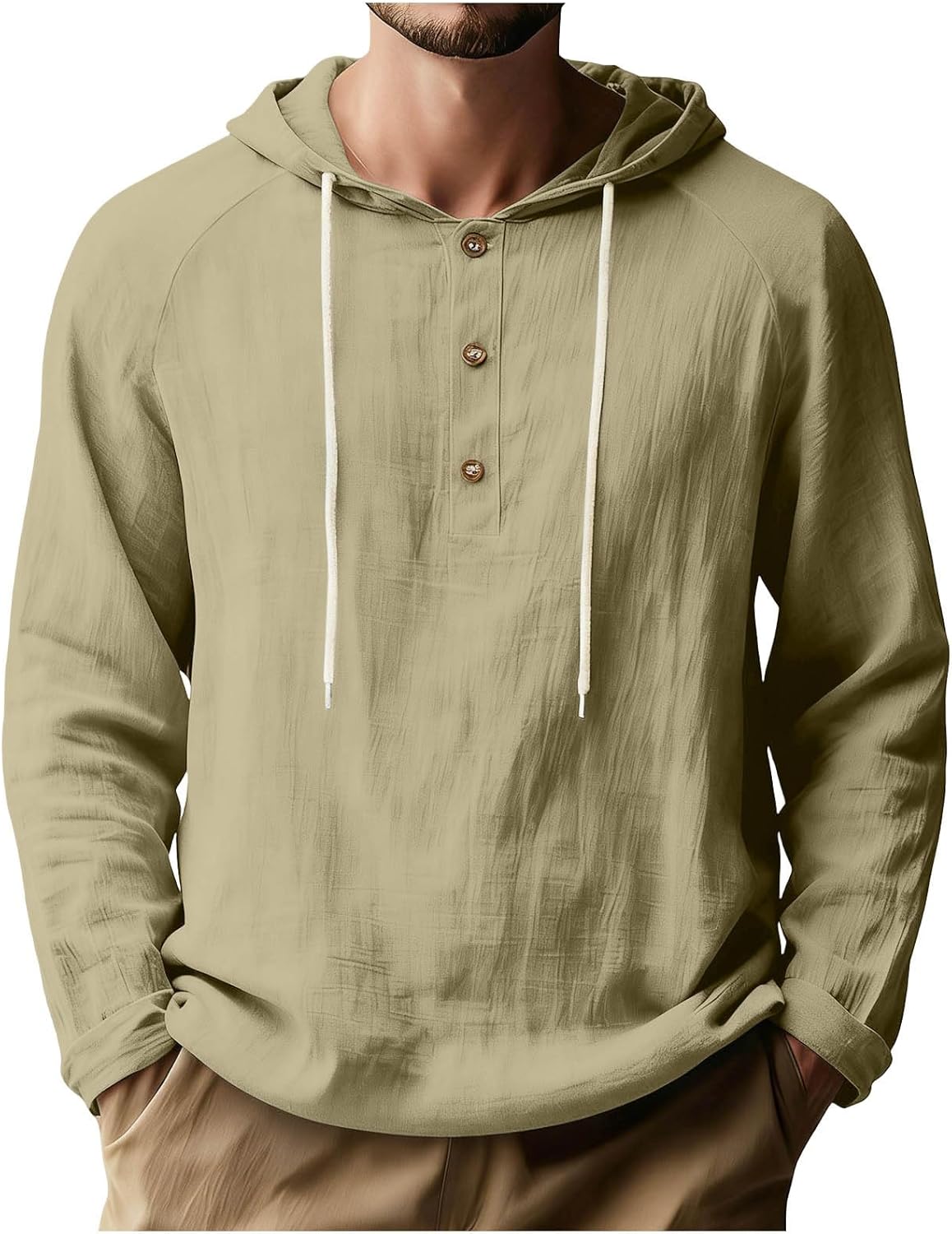 Mens Linen Shirts Long Sleeve Henley Casual Lightweight Cotton Hoodie Top Summer Fashion Loose Beach Vacation Clothes