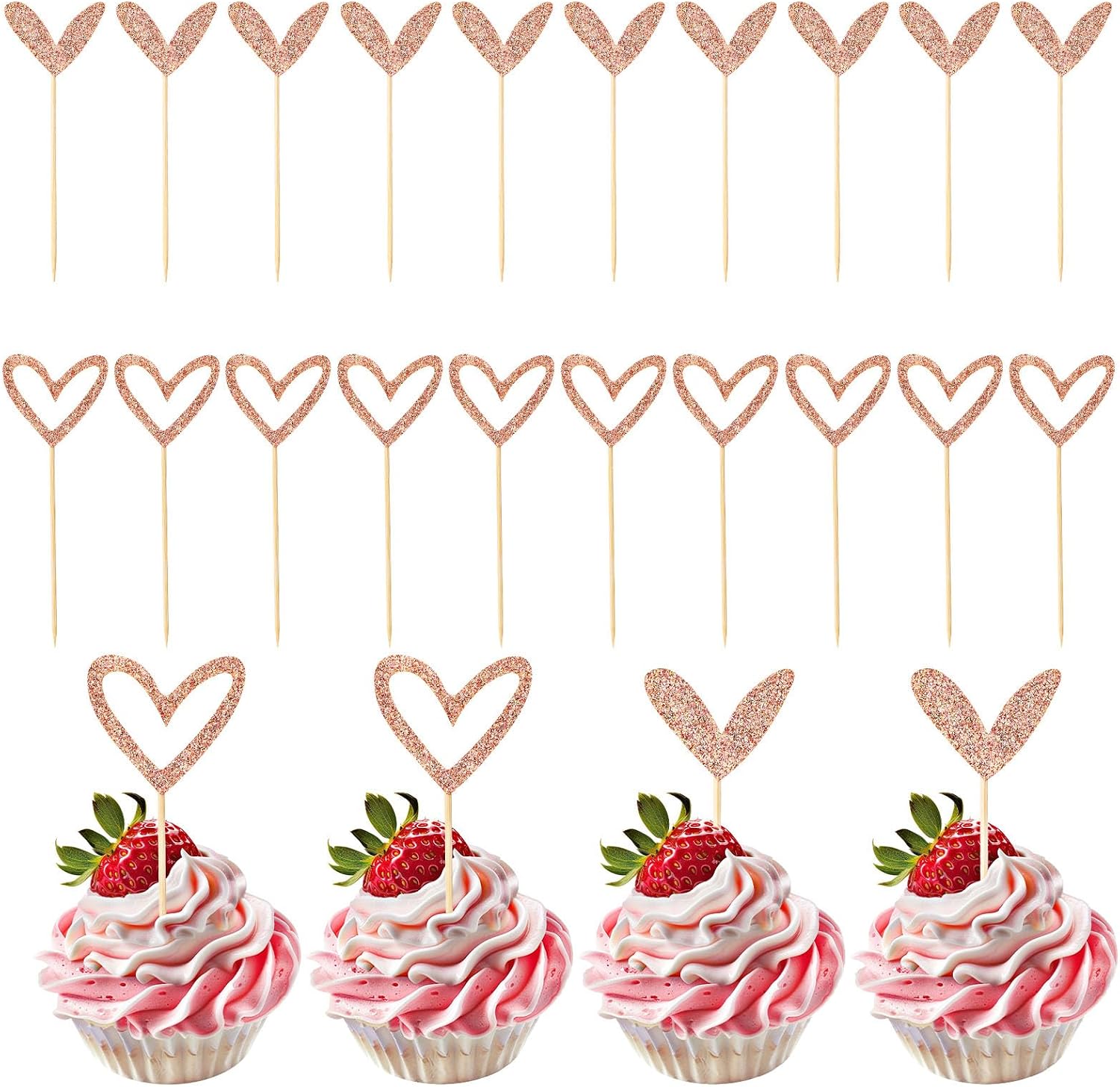 24 PCS Glitter Bride Cupcake Topper, Cute Heart Cupcake Toppers Gold Heart Picks Love Cake Decorations for Valentine's Day Anniversary Engagement Birthday Wedding Party Supplies (Rose Gold, 2 Style)
