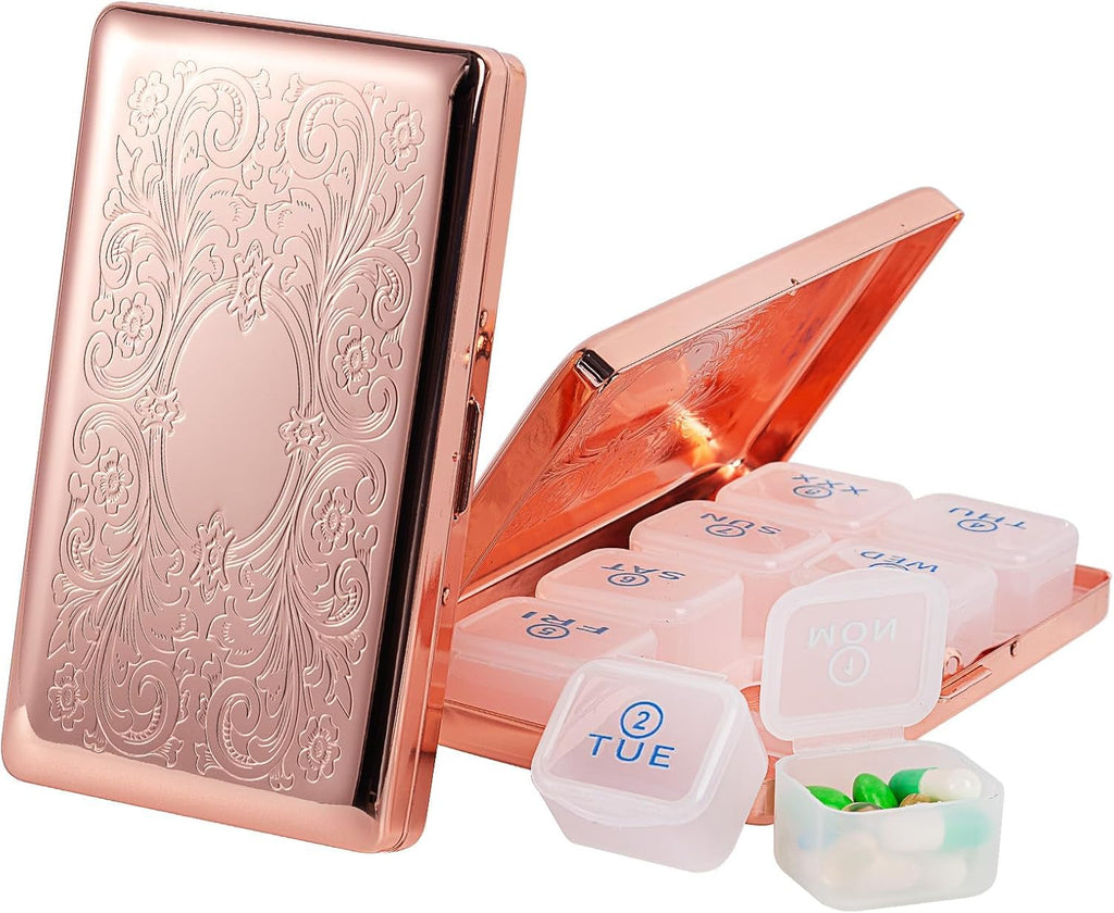 Pill Organizer 7 Days 8 Compartments, Travel Metal Pill Box, BPA-Free Portable Pill Box (Pattern Rose, Large)