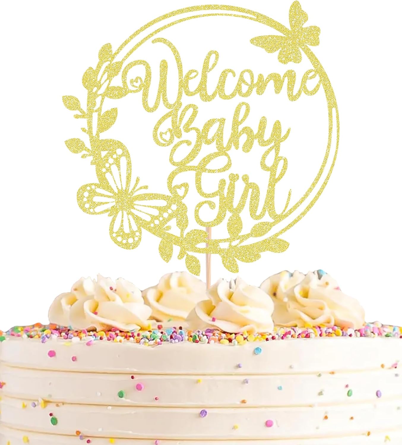 Welcome Baby Girl Cake Topper - Gold Glitter Baby Shower Cake Decorations for Girl, Baby Girl Cake Decor, for Baby Shower/Baby Birthday Party/Gender Reveal Party Photo Booth Props