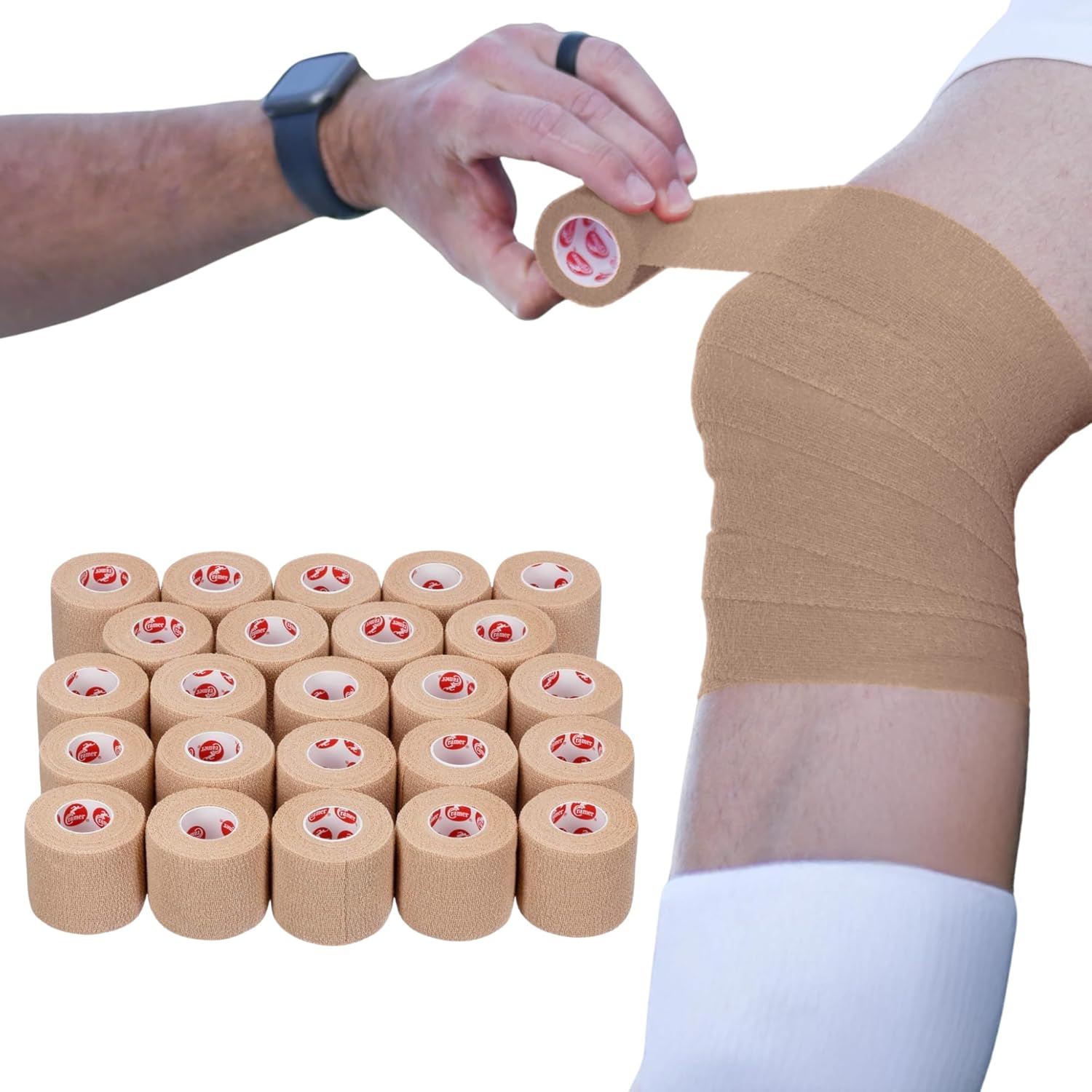 Cramer Eco-Flex Self-Stick Stretch Tape, Beige, 2" x 6 yds, Cohesive Athletic Bandage, Athletic Trainer Flexible Sports Underwrap, Easy Tear Vet Wrap for Pets, Self Adhesive Bandage Roll, 24 Rolls