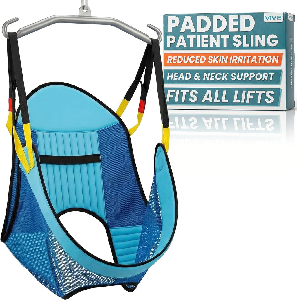 Vive Padded Patient Lift Sling w/Head Support - Universal Fit for Hoyer, Hydraulic, Electric Lifts - Full Body Transfer Sling for Shower, Toileting & Home Use - Mesh Padded, Machine Washable