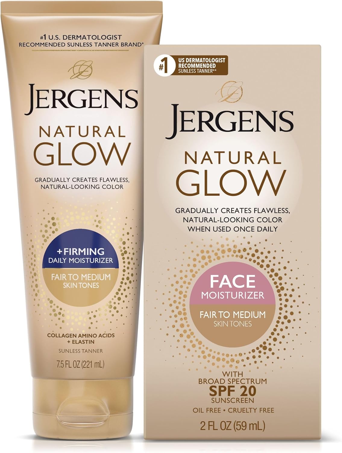 Jergens Natural Gradual Glow Bundle Pack: Daily Moisturizer +Firming 7.5fl oz and SPF20 Face Moisturizer 2fl oz, Fair to Medium