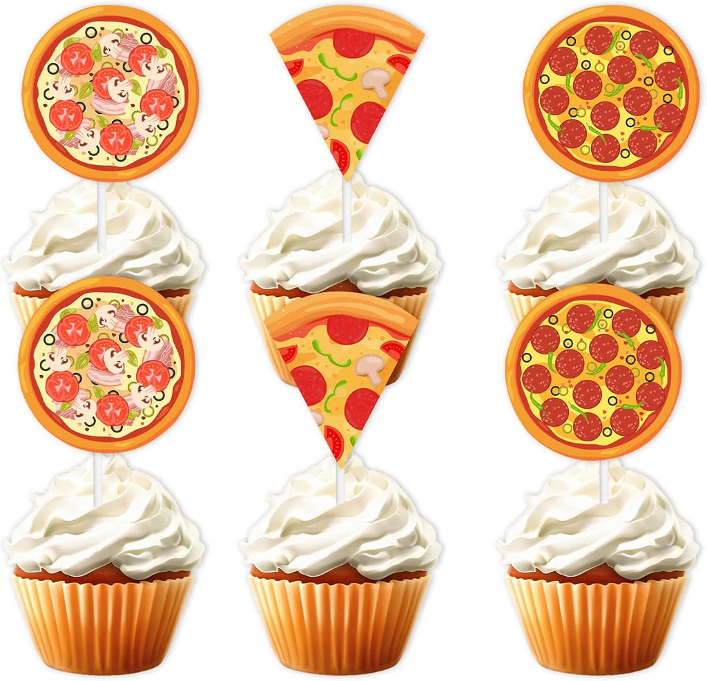 18pcs Gold Glitter Pizza Party Dessert Cupcake Topper Fast Food Theme Decor Supplies Baby Shower Boys Girls Happy Birthday Decorations