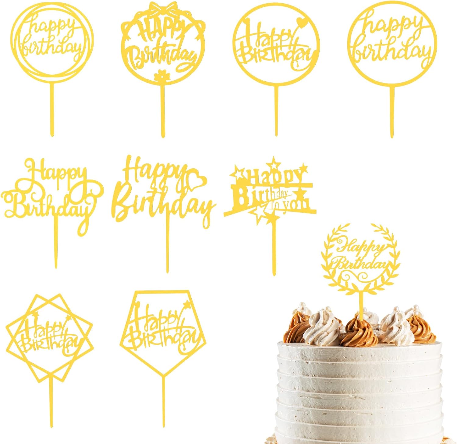 100 Pcs Gold Acrylic Happy Birthday Cake Toppers, Double Sided Party Decorations for Cakes Cupcakes, Adults Events Party Supplies
