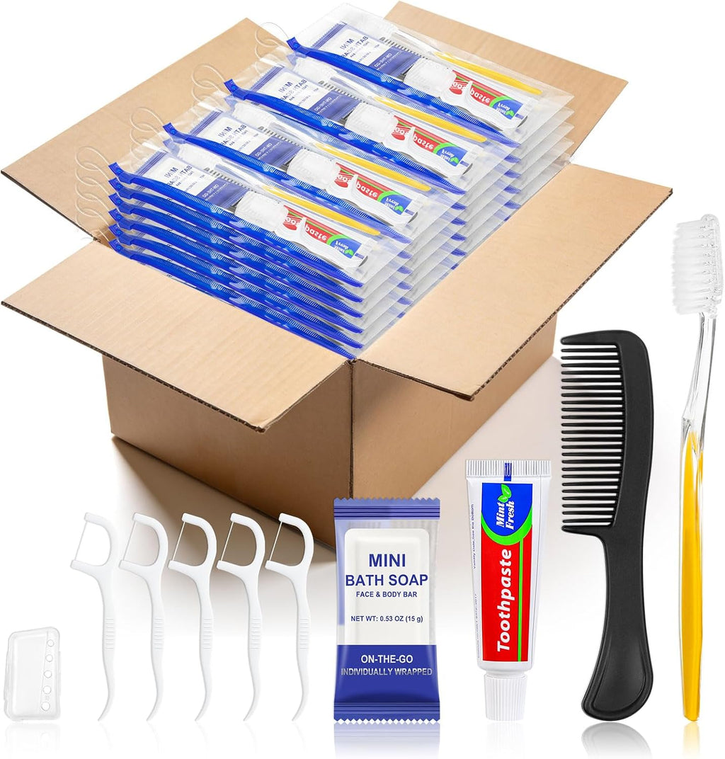 50 Sets Personal Hygiene Kit Bulk,Yellow Travel Size Basic Toiletry Supplies Disposable Toothbrushes with Toothpaste Floss Comb Soap Cover Set for Homeless,Guests,Church
