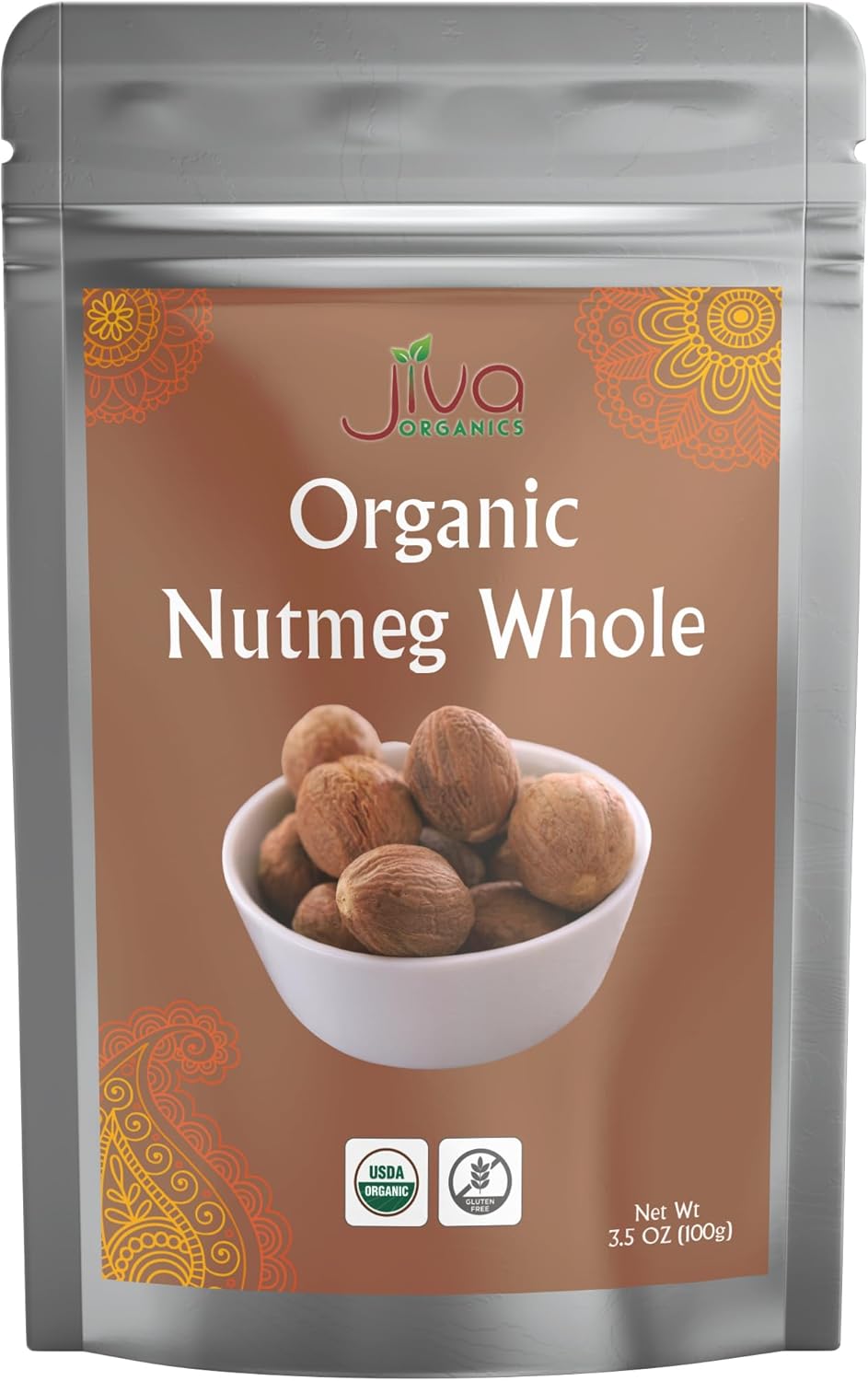 Jiva Organics Organic Nutmeg Whole 3.5 oz (100g) - Premium Grade Nutmeg from Sri Lanka – Non-GMO, Fresh & Aromatic Spice for Baking, Cooking & Grating