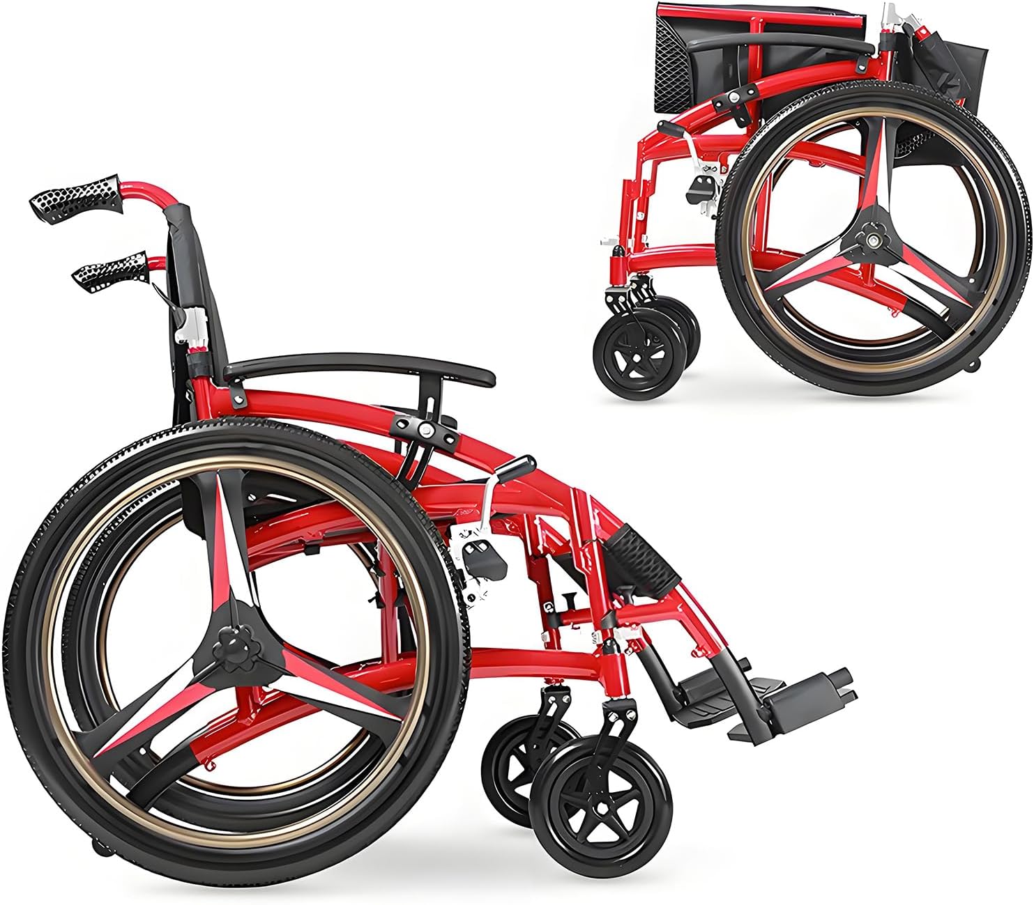 Ultra Lightweight Folding Wheelchair 300lbs Capacity, All Terrain Self-Propelled Manual Wheelchair for Adults with Anti-Tipping Wheels, Breathable Cushion & Detachable Footrest
