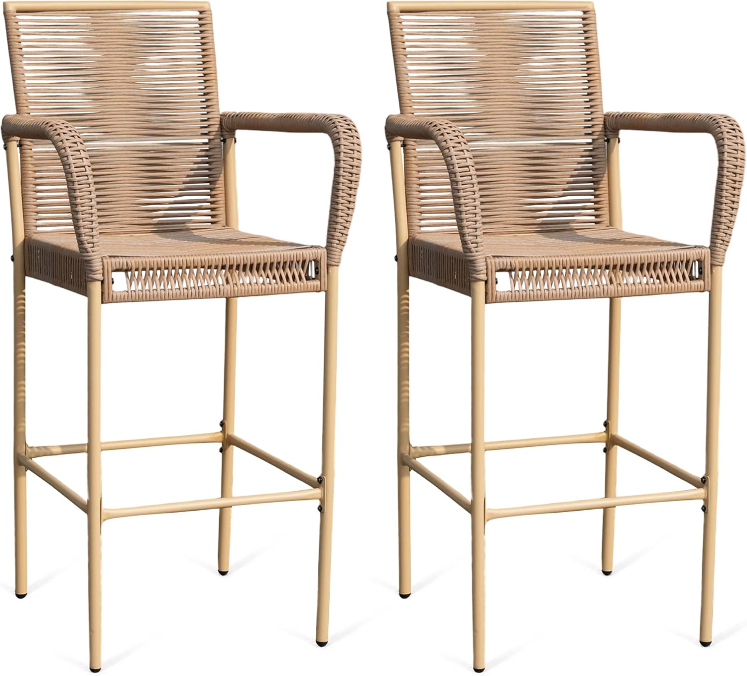 Outdoor Counter Bar Stools Set of 2, 30" Height Patio Rattan Stools, All-Weather Wicker Chairs with Armrests & Footrests for Poolside Backyard Front Porch Deck Garden Kitchen, Yellow