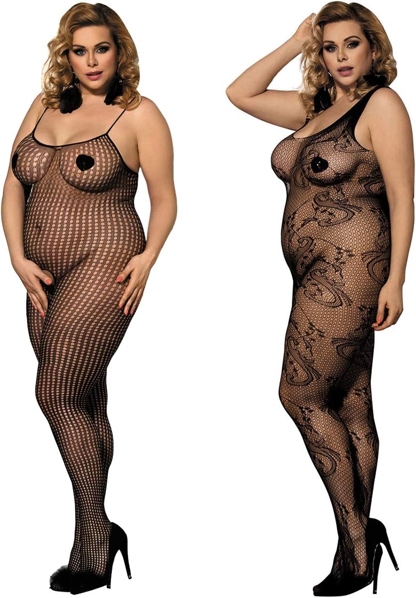 2 Pack Womens One Size Fishnet Bodystockings Striped Lingerie Crotchless Bodysuits Tights Suspenders Black