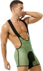 Mens Fishnet Mesh Bodysuit Suspenders Singlet One Piece Boxer Leotard Wrestling Singlet Underwear