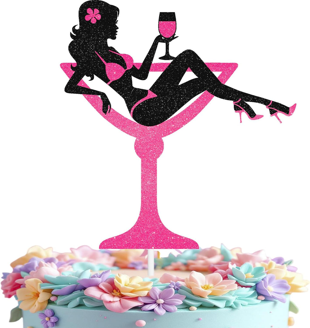 Sitting Girl Happy Birthday Cake Topper Wine Glass Sexy Girl Makeup Spa Party Themed For Lady Women Birthday Silhouette High Heeled Decorations Supplies