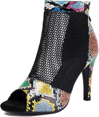 Fashion Peep Toe Mesh Air Snakeskin Booties Women Gladiator Summer Booties Open Toe Leopard Ankle Boots Stiletto High Heeled Dance Wedding Party Sandals