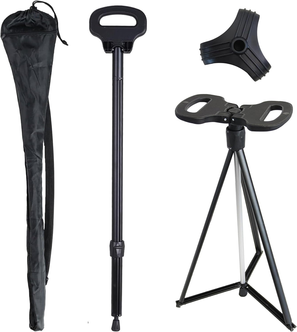 Cane with Seat 2-in-1 Portable Walking Stick with Seat for Men & Women Folding Lightweight Sturdy Tripod Cane Foldable Stool Mobility Aid Crutch Chair with Travel Bag for Elderly, Seniors & Handicap