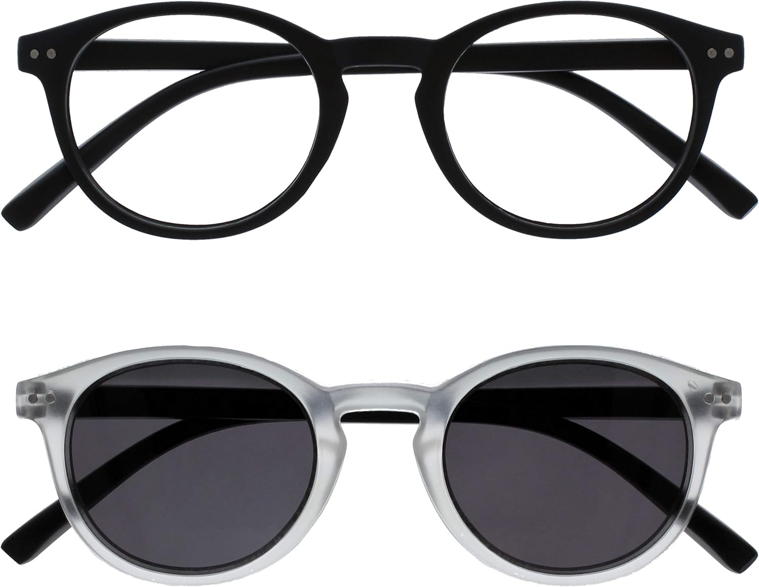 OPULIZE ZEN Reading Glasses and Reading SunGlasses for Women Men,Cool Round, Smooth Matt Black,Clear Crystal With Black Arms +2.5 (Pack of 2)