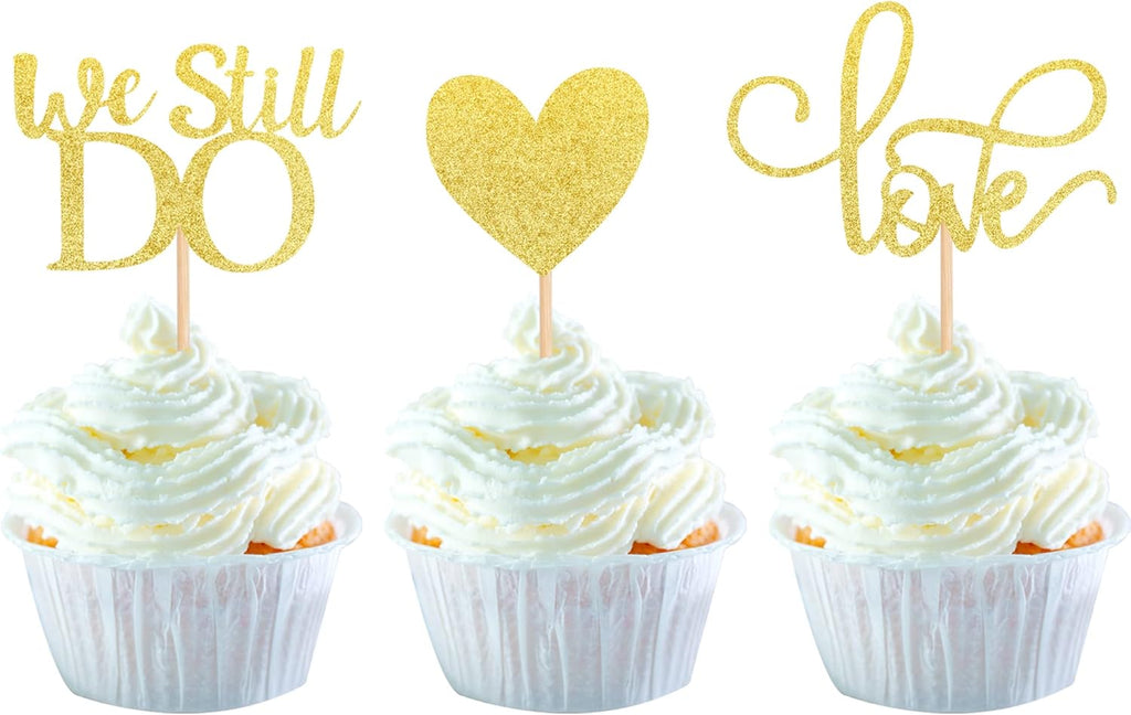 24 Pack We Still Do Cupcake Toppers Glitter Love Heart Marriage Anniversary Cupcake Picks Bridal Shower Wedding Engagement Birthday Cake Decorations Supplies Gold
