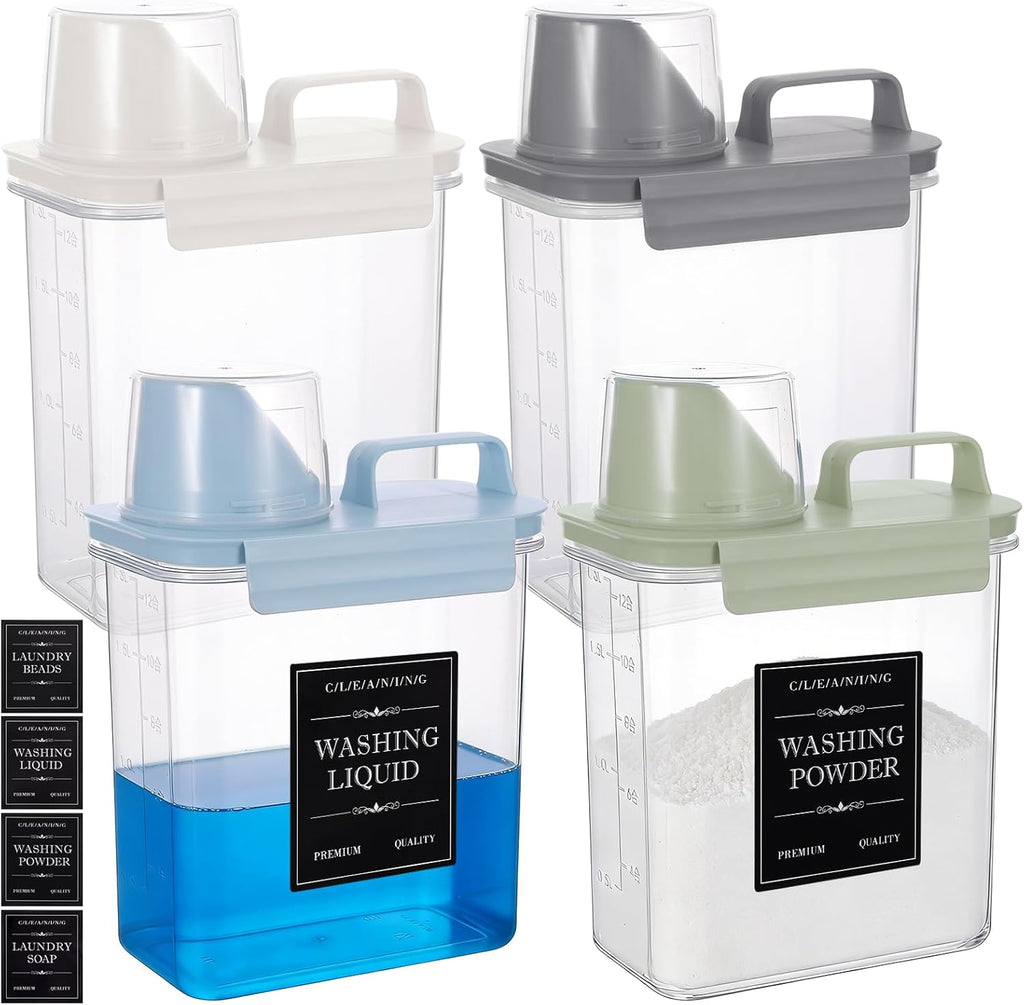 4 Pack Laundry Detergent Dispenser, 61Oz Clear Plastic Liquid Laundry Soap Dispenser with Removable Labels, Refillable Fabric Softener Container Laundry Powder Holder for Laundry Room Organization