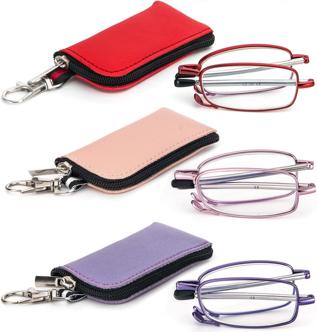 REAVEE 3 Pack Folding Reading Glasses with Keychain Compact Bags for Women Men, Blue Light Blocking Spring Hinge Portable Pocket Readers, Red Pink and Purple 2.0