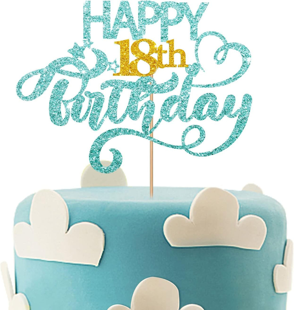 Sky Blue Glitter Happy 18th Birthday Cake Topper, 18th Birthday Party Cake Decoration, Cheers to Eighteen Years Old Birthday Party Supplies Decorations for Teen Girl or Teen Boy