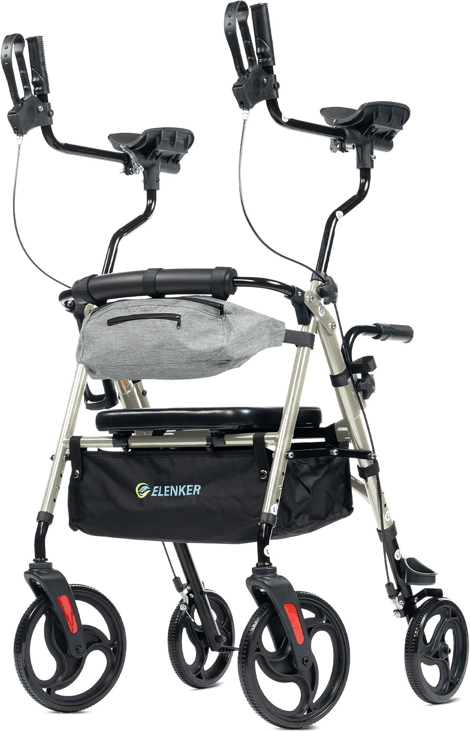 ELENKER Upright Rollator Walker, Stand Up Walkers for Seniors with Armrest, Front Pouch, 10”Wheels, Sponge Padded Seat and Backrest, Fully Adjustment Frame, Champagne