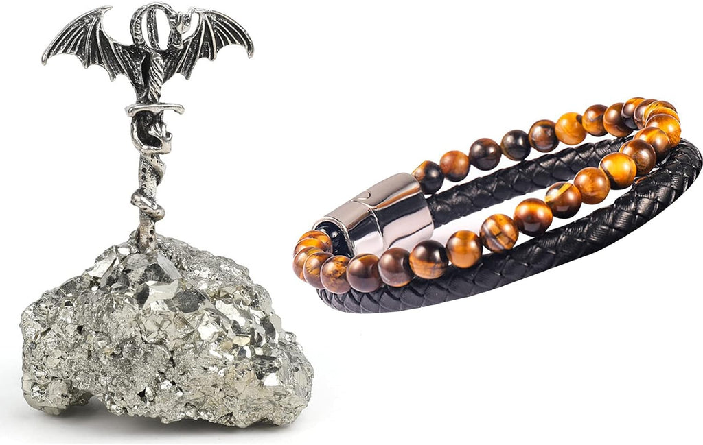 Natural Stone Tiger Eye Agate Beaded Double Layer Bracelet Leather Strap Bracelet and Silver Animal Goose Base Ornament for Home Desk Dector
