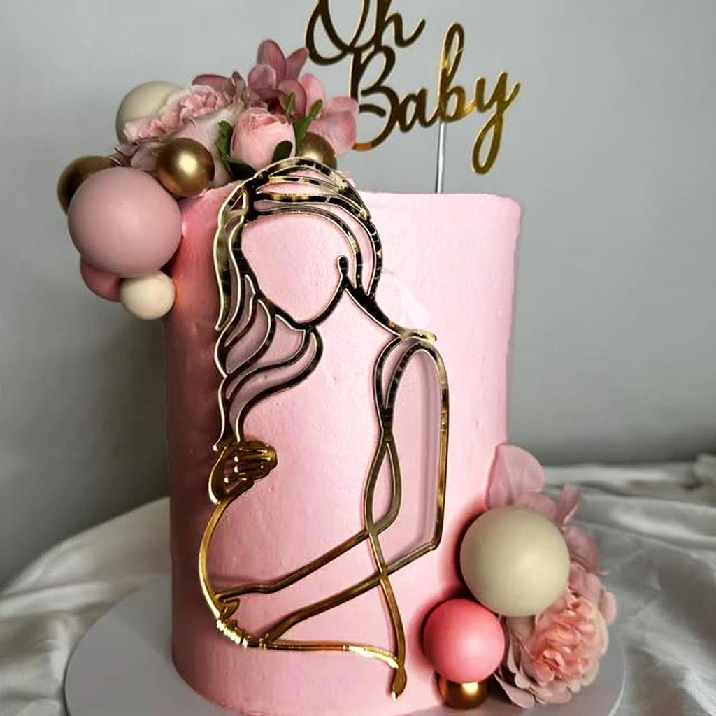 2PCS Gold Oh Baby Cake Topper with Pregnant Mother Silhouette, Acrylic Baby Shower Decoration For Welcome Baby/Pregnancy Announcement/Mommy to Be/Baby Shower Gender Reveal Party Supplies