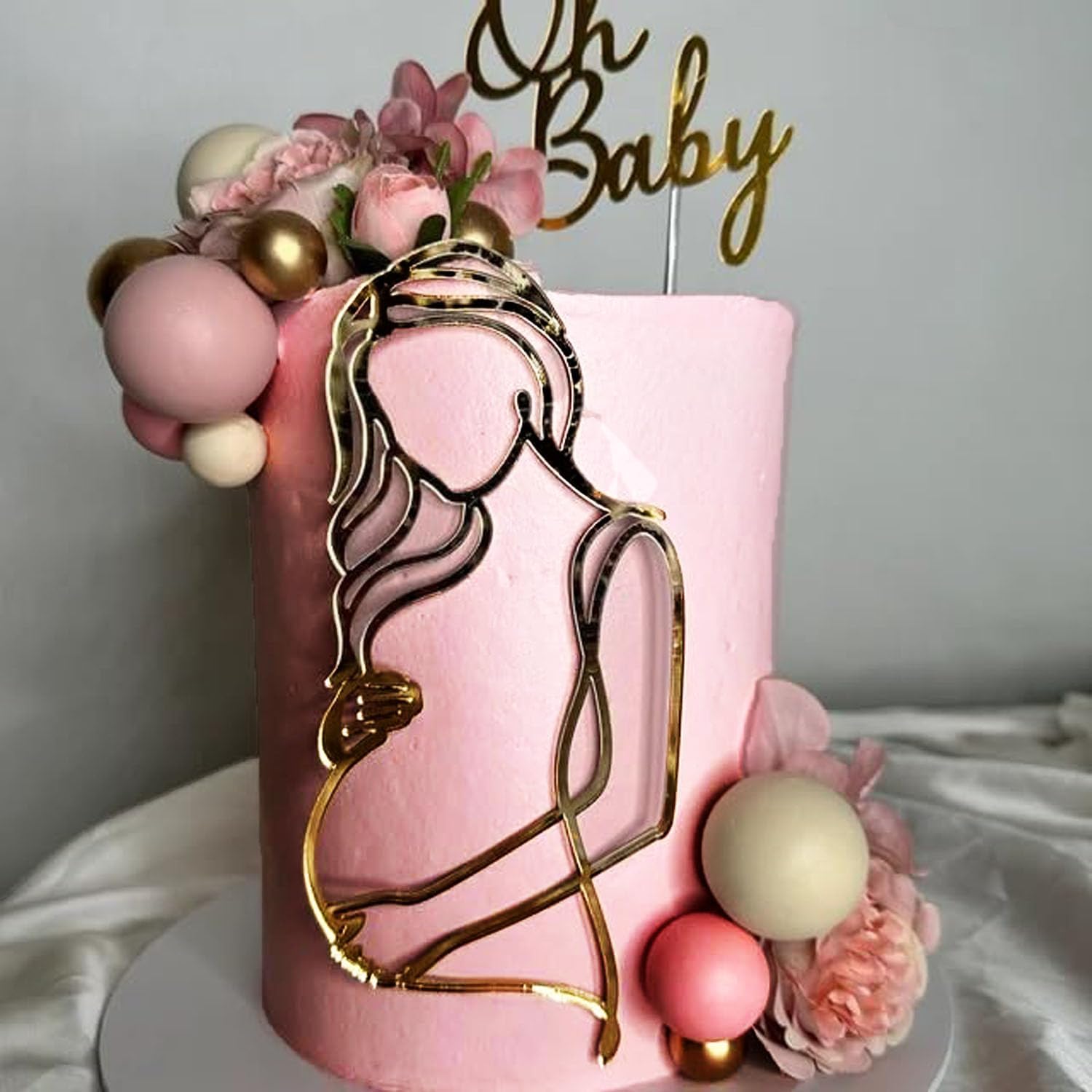 2PCS Gold Oh Baby Cake Topper with Pregnant Mother Silhouette, Acrylic Baby Shower Decoration For Welcome Baby/Pregnancy Announcement/Mommy to Be/Baby Shower Gender Reveal Party Supplies
