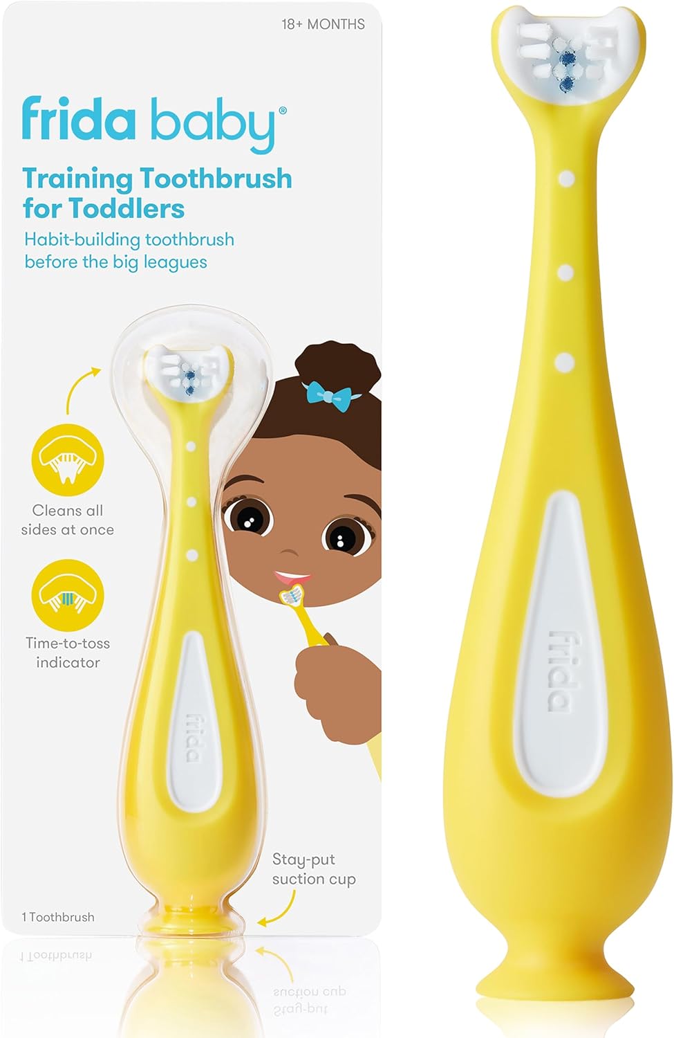 Frida Baby Training Toothbrush, For Toddlers 18-24 Months, Easy-Grip Handle, Triple Angle Bristles, Soft Bristles, Stay-Put Suction Cup, Yellow