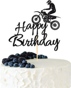 1Pc Motorcycle Happy Birthday Cake Topper, Black Flash Cake Pick, Dirt Bike Birthday Party Cake Decoration, Motocross Sports Theme Cake Topper