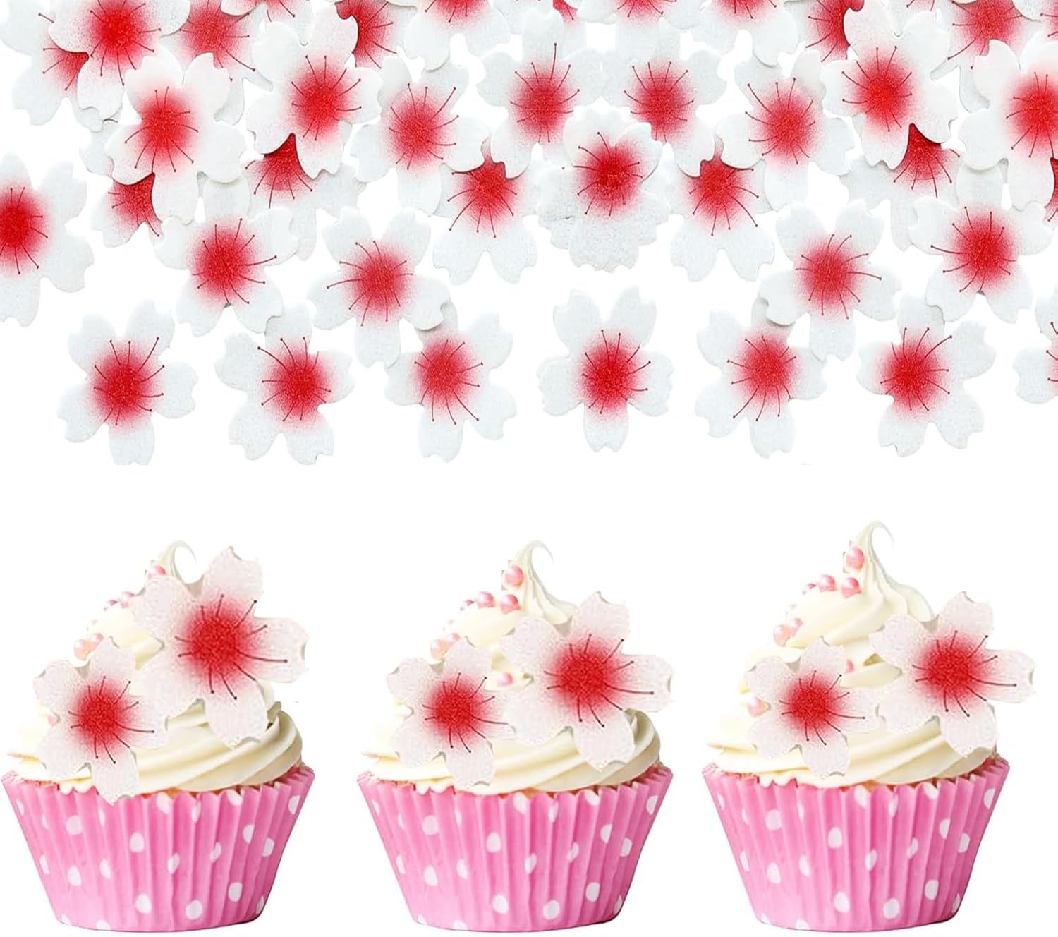 100Pcs Edible Cherry Blossom Flowers Cake Decorations Rice Paper Wafer Paper Cake Cupcake Topper Birthday Party Food Decorations Supplies