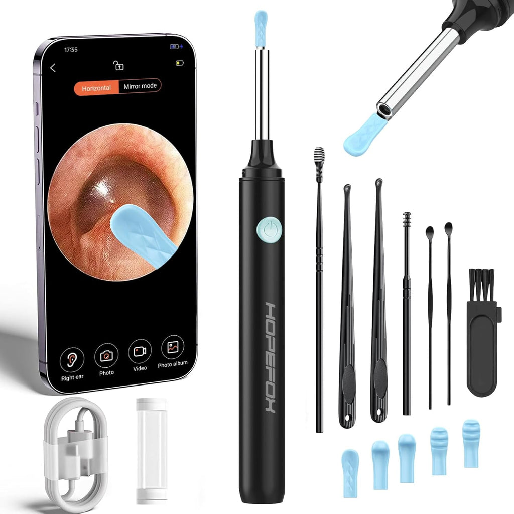 Ear Wax Removal Kit - Ear Cleaner Ear Camera - Ear Wax Remover with 6 Pcs Ear Set - Ear Wax Removal Tool - WiFi Otoscope Camera with 6 Silicon Ear Spoon - Ear Cleaning for iOS & Android