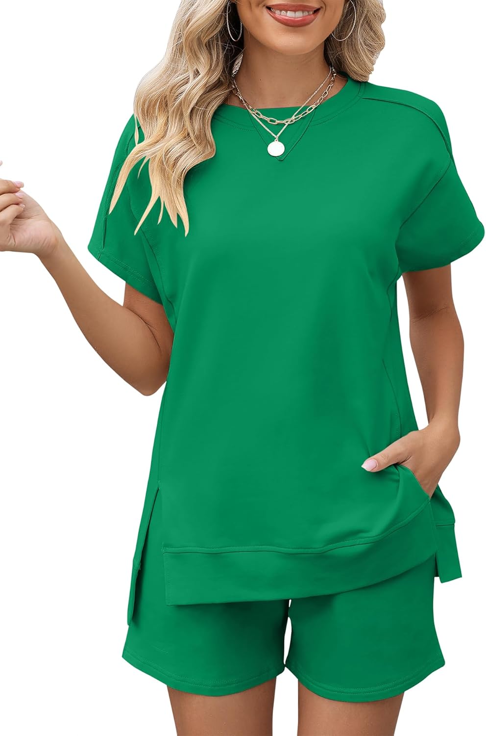 LOMON Womens Fashion 2 Piece Outfits Sweatsuits 2026 Summer Short Sleeve Loungewear Tracksuit Round Neck Lounge Shorts Sets